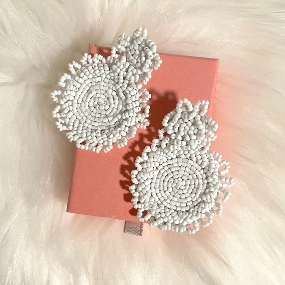 Handcrafted White Beaded Earrings - Picture 1 of 7